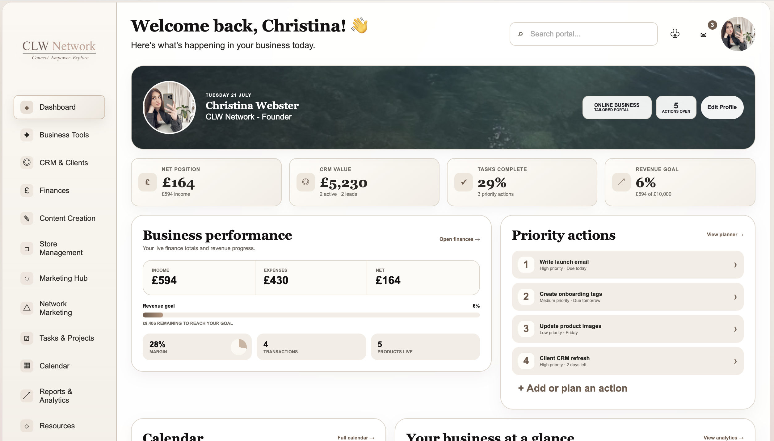 CLW Network personalised business dashboard